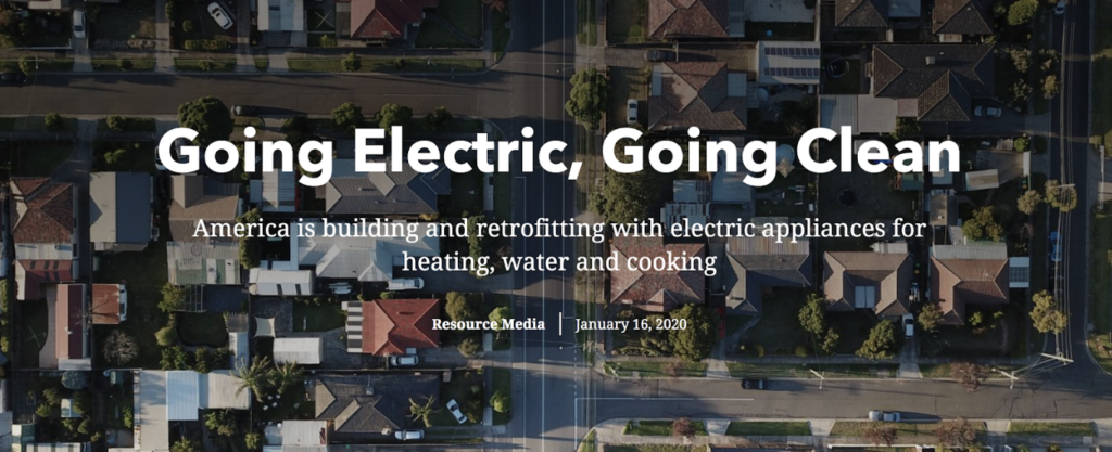 Text "Going Electric, Going Clean" overlaid on an aerial view of a residential neighborhood