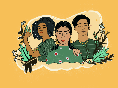 illustration of three people wearing green shirts