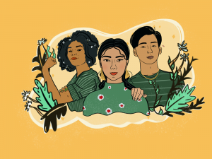 illustration of three people wearing green shirts