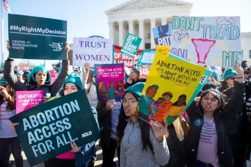 protesters holding signs in front of the Supreme Court building
