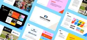Decorative graphic featuring pages from the brand guide