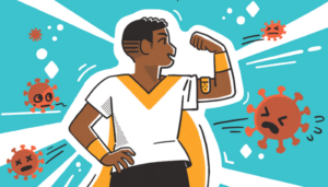 Black male superhero flexes his arm with a bandaid. Anthropomorphized COVID viruses are repelled away from him.