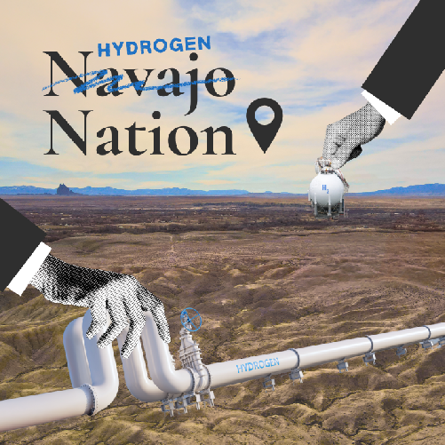 Hands in suit sleeves placing hydrogen pipes in Navajo desert