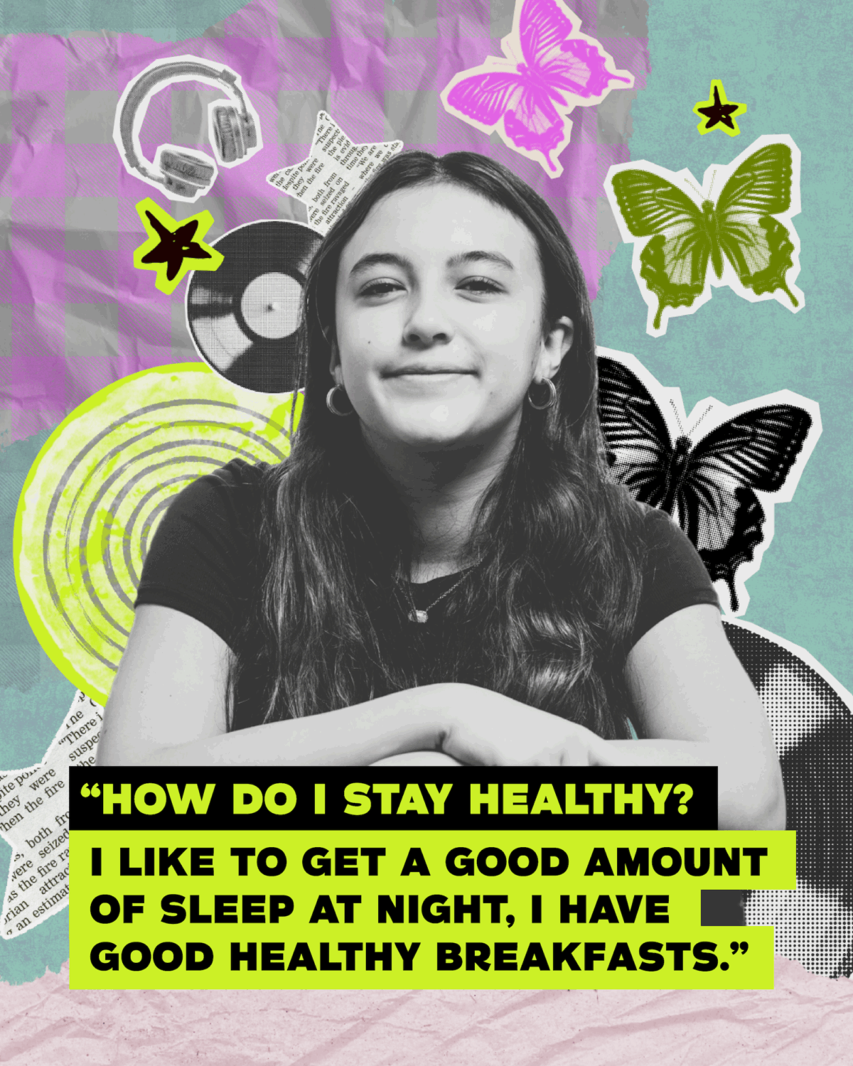 Graphic of young woman with records and butterflies and a quote