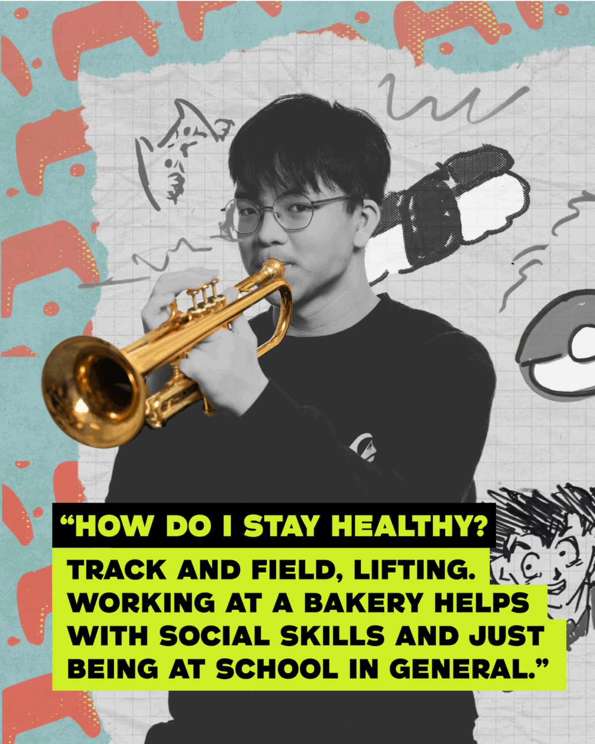 Graphic of a young man playing the trombone with a quote