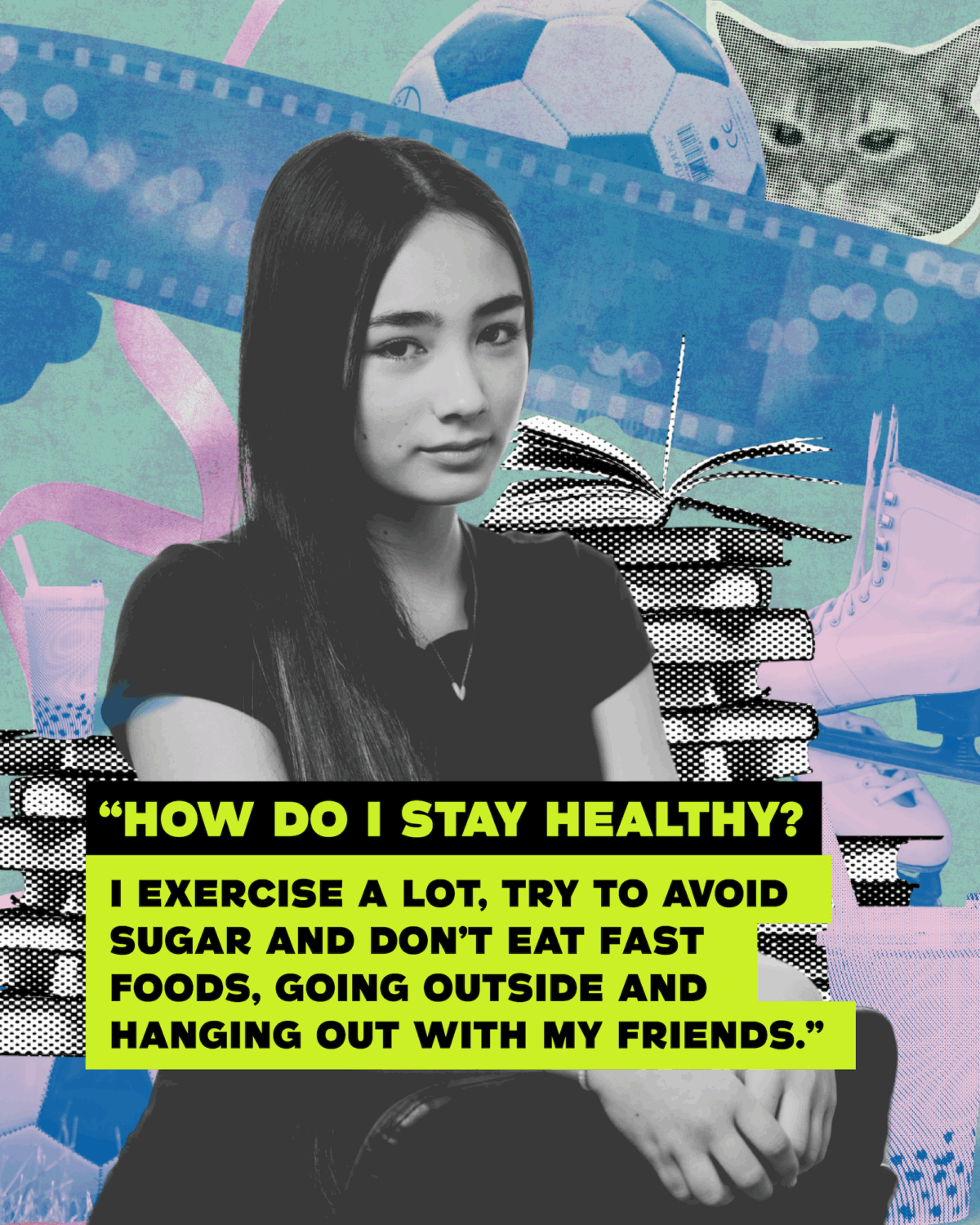 Graphic of young woman with a film strip, books, and a quote