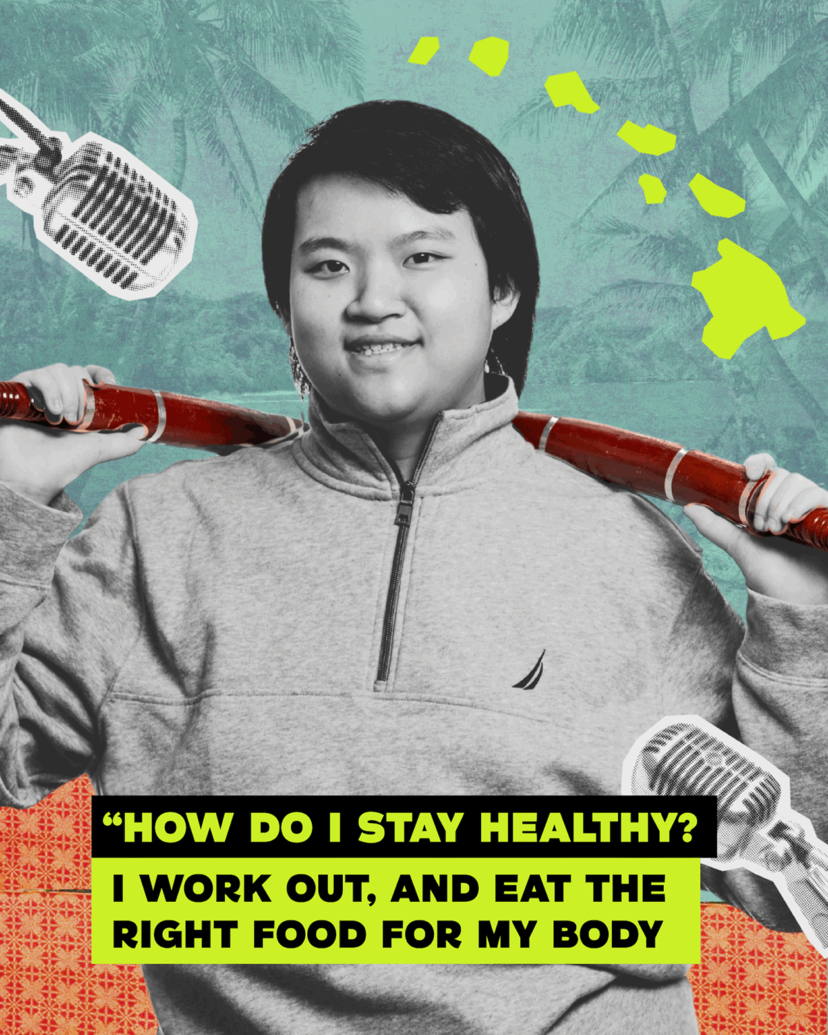 Graphic of young man with a microphone and a quote