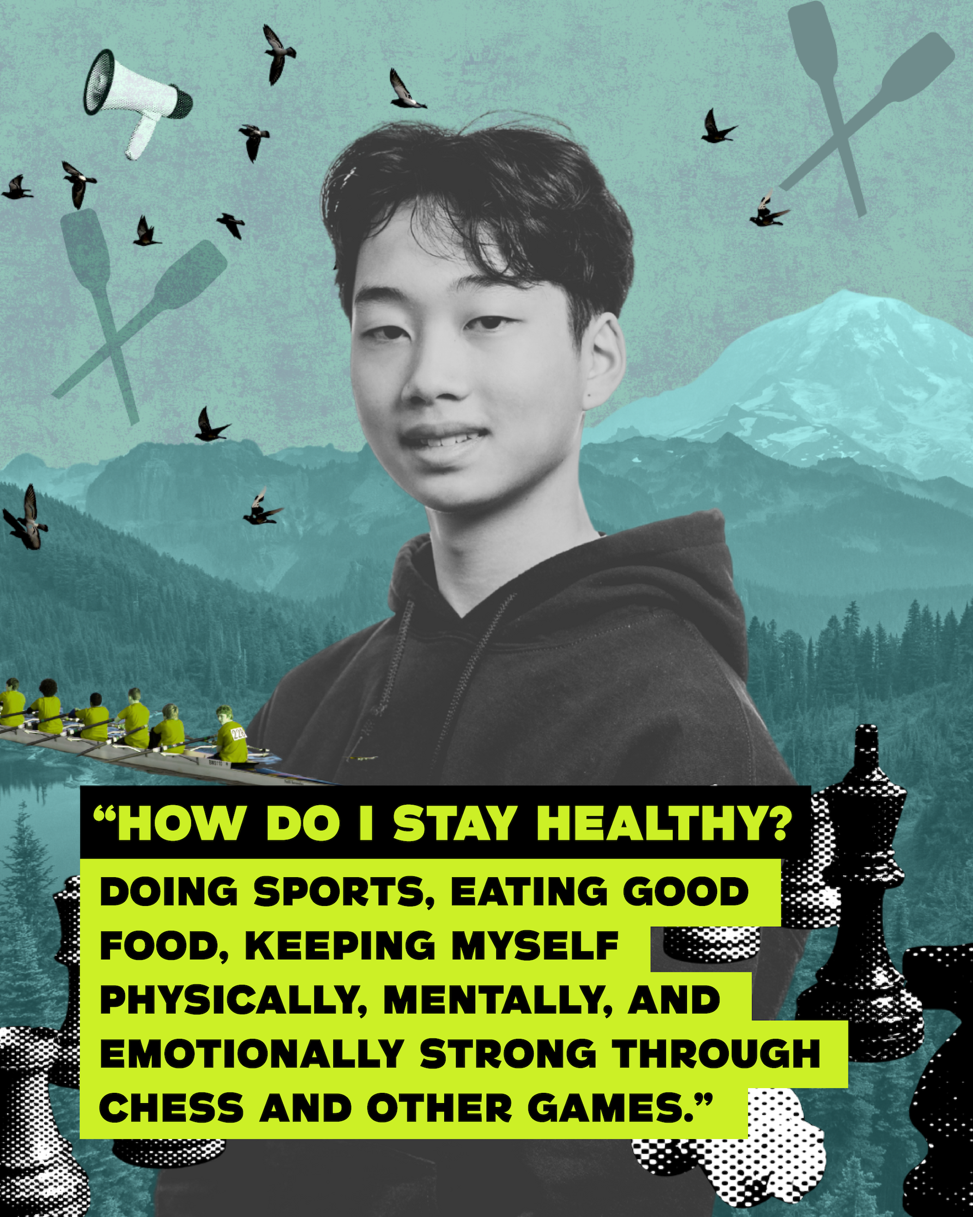 Graphic of young man with rowing crew, birds, Mt. Rainier, chess pieces, and a quote