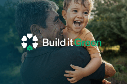 Grandfather and young grandson playing outside. Built It Green logo is overlayed.
